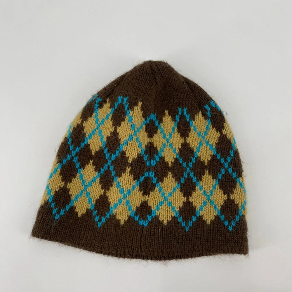 Vintage Aeropostale Y2K Argyle Beanie OS Brown Knit Winter Hat Geometric Pattern